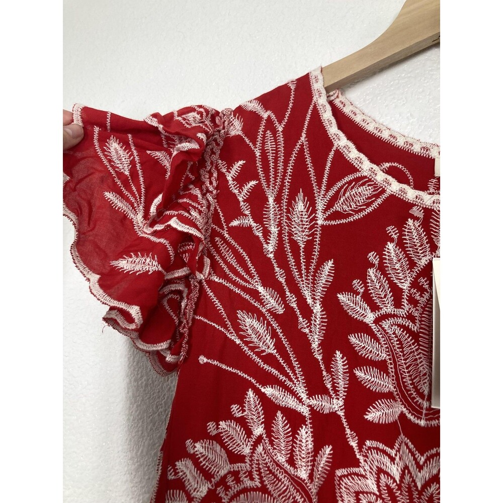 Solitaire Blouse Womens Medium Red Floral Embroidered Ruffle Flutter Top Boho - Picture 13 of 16